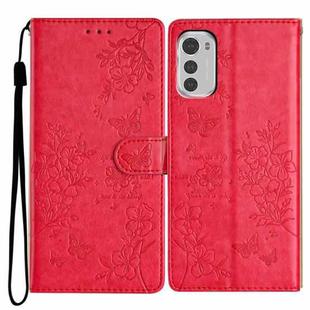 For Motorola Moto E32 Butterflies and Flowers Leather Phone Case(Red)