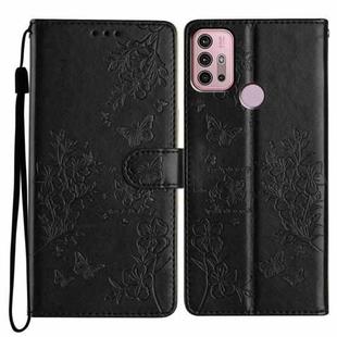 For Motorola Moto G30 Butterflies and Flowers Leather Phone Case(Black)