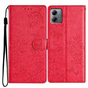 For Motorola Moto G14 Butterflies and Flowers Leather Phone Case(Red)