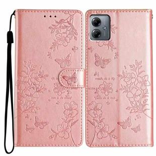 For Motorola Moto G14 Butterflies and Flowers Leather Phone Case(Rose Gold)