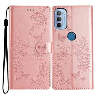 For Motorola Moto G31 / G41 Butterflies and Flowers Leather Phone Case(Rose Gold)