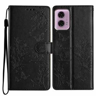 For Motorola Moto G34 Butterflies and Flowers Leather Phone Case(Black)