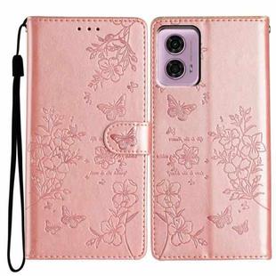 For Motorola Moto G34 Butterflies and Flowers Leather Phone Case(Rose Gold)