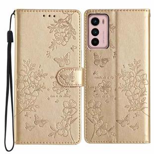 For Motorola Moto G42 Butterflies and Flowers Leather Phone Case(Gold)