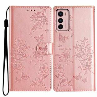 For Motorola Moto G42 Butterflies and Flowers Leather Phone Case(Rose Gold)