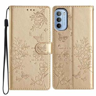 For Motorola Moto G52 Butterflies and Flowers Leather Phone Case(Gold)