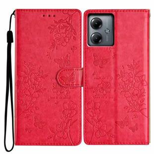 For Motorola Moto G54 Butterflies and Flowers Leather Phone Case(Red)