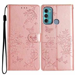 For Motorola Moto G60 4G Butterflies and Flowers Leather Phone Case(Rose Gold)