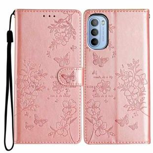 For Motorola Moto G62 5G Butterflies and Flowers Leather Phone Case(Rose Gold)