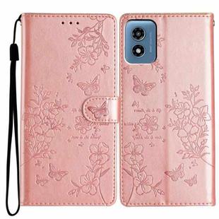 For Motorola Moto G Play 5G 2024 Butterflies and Flowers Leather Phone Case(Rose Gold)