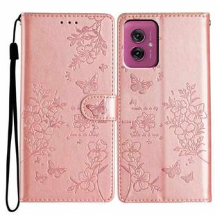 For Motorola Moto G55 Butterflies and Flowers Leather Phone Case(Rose Gold)