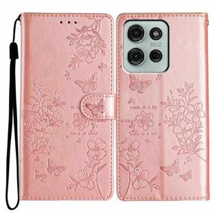 For Motorola Moto G75 5G Butterflies and Flowers Leather Phone Case(Rose Gold)