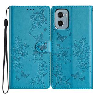 For Motorola Moto E15 Butterflies and Flowers Leather Phone Case(Blue)