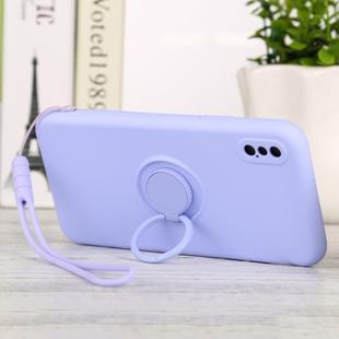 For iPhone XS Max Solid Color Liquid Silicone Shockproof Full Coverage Protective Case with Ring Holder & Lanyard(Light Purple)