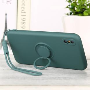 For iPhone XS Max Solid Color Liquid Silicone Shockproof Full Coverage Protective Case with Ring Holder & Lanyard(Deep Green)