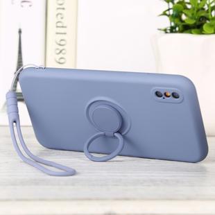 For iPhone XS Max Solid Color Liquid Silicone Shockproof Full Coverage Protective Case with Ring Holder & Lanyard(Grey Blue)