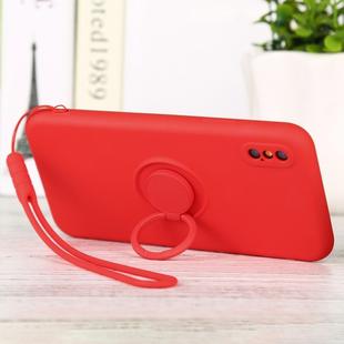 For iPhone XS Max Solid Color Liquid Silicone Shockproof Full Coverage Protective Case with Ring Holder & Lanyard(Bright Red)