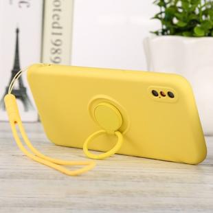 For iPhone XS Max Solid Color Liquid Silicone Shockproof Full Coverage Protective Case with Ring Holder & Lanyard(Yellow)