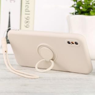 For iPhone XS Max Solid Color Liquid Silicone Shockproof Full Coverage Protective Case with Ring Holder & Lanyard(Beige)