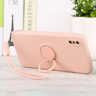 For iPhone X / XS Solid Color Liquid Silicone Shockproof Full Coverage Protective Case with Ring Holder & Lanyard(Pink)