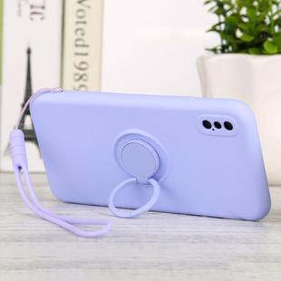 For iPhone X / XS Solid Color Liquid Silicone Shockproof Full Coverage Protective Case with Ring Holder & Lanyard(Light Purple)