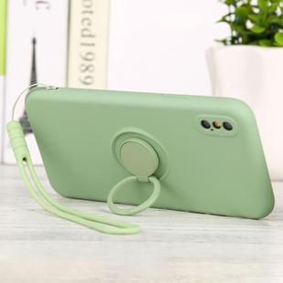 For iPhone X / XS Solid Color Liquid Silicone Shockproof Full Coverage Protective Case with Ring Holder & Lanyard(Green)