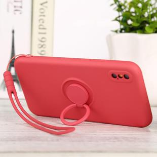 For iPhone X / XS Solid Color Liquid Silicone Shockproof Full Coverage Protective Case with Ring Holder & Lanyard(Red)