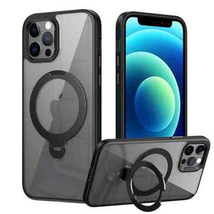For iPhone 12 / 12 Pro Transparent MagSafe Magnetic Rotating Ring Holder Phone Case(Black)