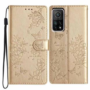 For Xiaomi Mi 10T Pro 5G Butterflies and Flowers Leather Phone Case(Gold)