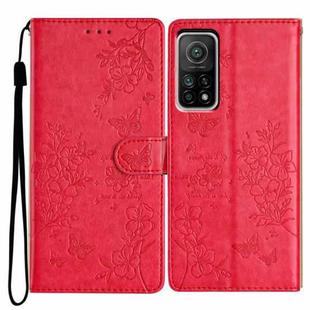 For Xiaomi Mi 10T Pro 5G Butterflies and Flowers Leather Phone Case(Red)
