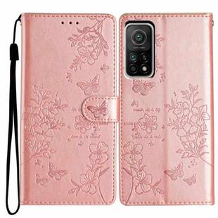 For Xiaomi Mi 10T Pro 5G Butterflies and Flowers Leather Phone Case(Rose Gold)