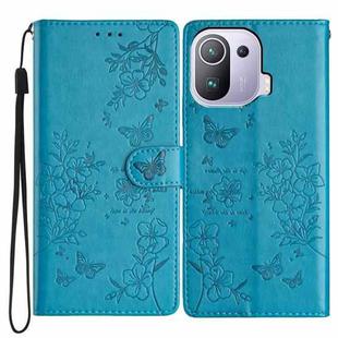 For Xiaomi Mi 11 Pro Butterflies and Flowers Leather Phone Case(Blue)