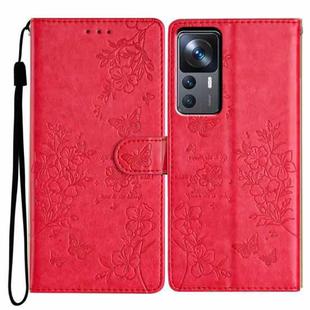 For Xiaomi 12T / 12T Pro Butterflies and Flowers Leather Phone Case(Red)