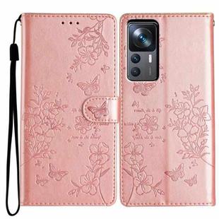 For Xiaomi 12T / 12T Pro Butterflies and Flowers Leather Phone Case(Rose Gold)