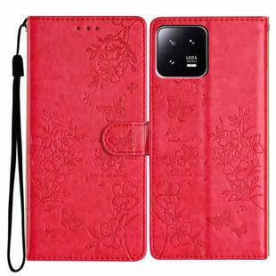 For Xiaomi 13 Butterflies and Flowers Leather Phone Case(Red)