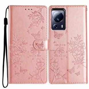 For Xiaomi 13 Lite Butterflies and Flowers Leather Phone Case(Rose Gold)