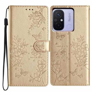For Redmi 12C Butterflies and Flowers Leather Phone Case(Gold)