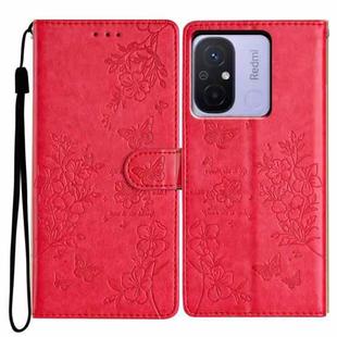 For Redmi 12C Butterflies and Flowers Leather Phone Case(Red)