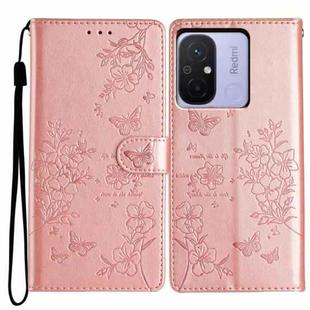 For Redmi 12C Butterflies and Flowers Leather Phone Case(Rose Gold)
