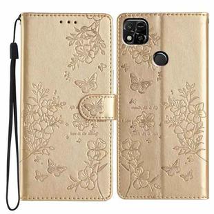 For Redmi 9C Butterflies and Flowers Leather Phone Case(Gold)