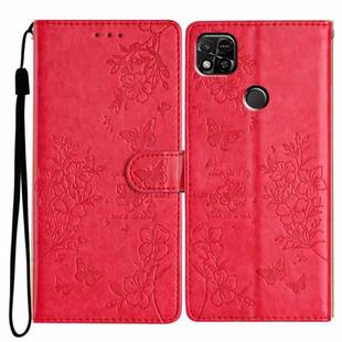 For Redmi 9C Butterflies and Flowers Leather Phone Case(Red)