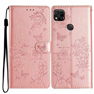 For Redmi 9C Butterflies and Flowers Leather Phone Case(Rose Gold)