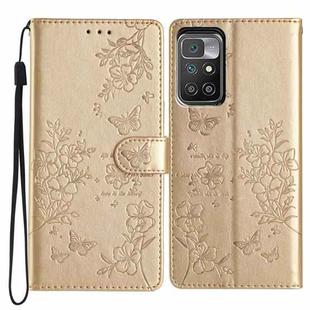 For Redmi 10 Butterflies and Flowers Leather Phone Case(Gold)