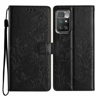 For Redmi 10 Butterflies and Flowers Leather Phone Case(Black)