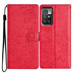 For Redmi 10 Butterflies and Flowers Leather Phone Case(Red)