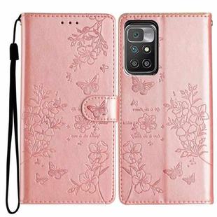 For Redmi 10 Butterflies and Flowers Leather Phone Case(Rose Gold)