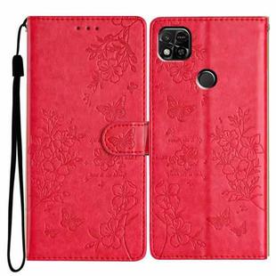 For Redmi 10A Butterflies and Flowers Leather Phone Case(Red)