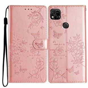 For Redmi 10A Butterflies and Flowers Leather Phone Case(Rose Gold)