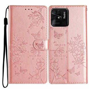 For Redmi 10C Butterflies and Flowers Leather Phone Case(Rose Gold)