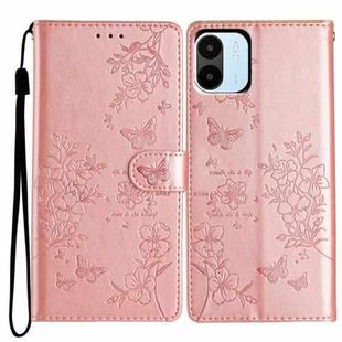 For Redmi A1 Butterflies and Flowers Leather Phone Case(Rose Gold)